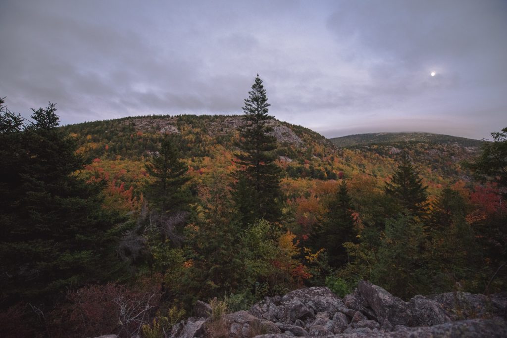 moonrise over acadia national park with fall colors