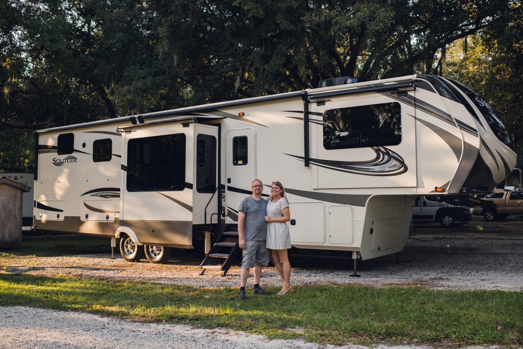 solitude grand design 382wb parked under mossy trees in florida