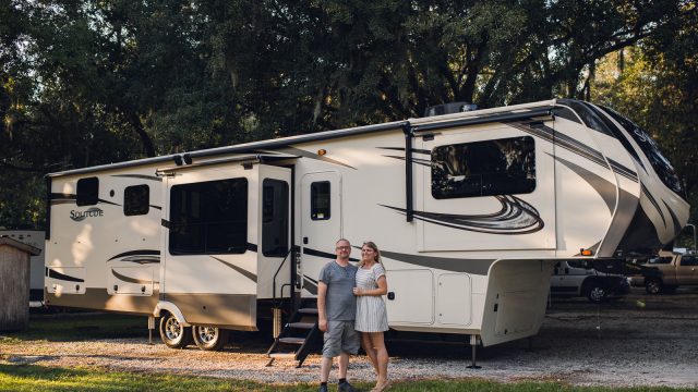 solitude grand design 382wb parked under mossy trees in florida